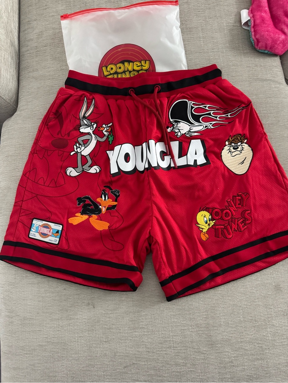 YoungLA Red Looney Tunes Graphic Basketball Shorts